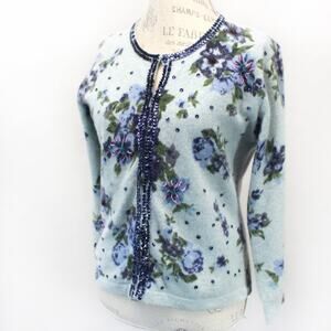 Amore Lambswool Blend Sweater Cardigan Cottagecore Beads Sequin Lined Floral L
